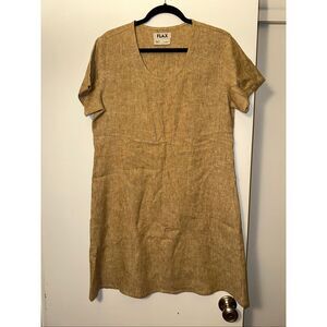 Flax Small 100% Linen Tan Womens Mini Dress Short Sleeve Round Neck EUC